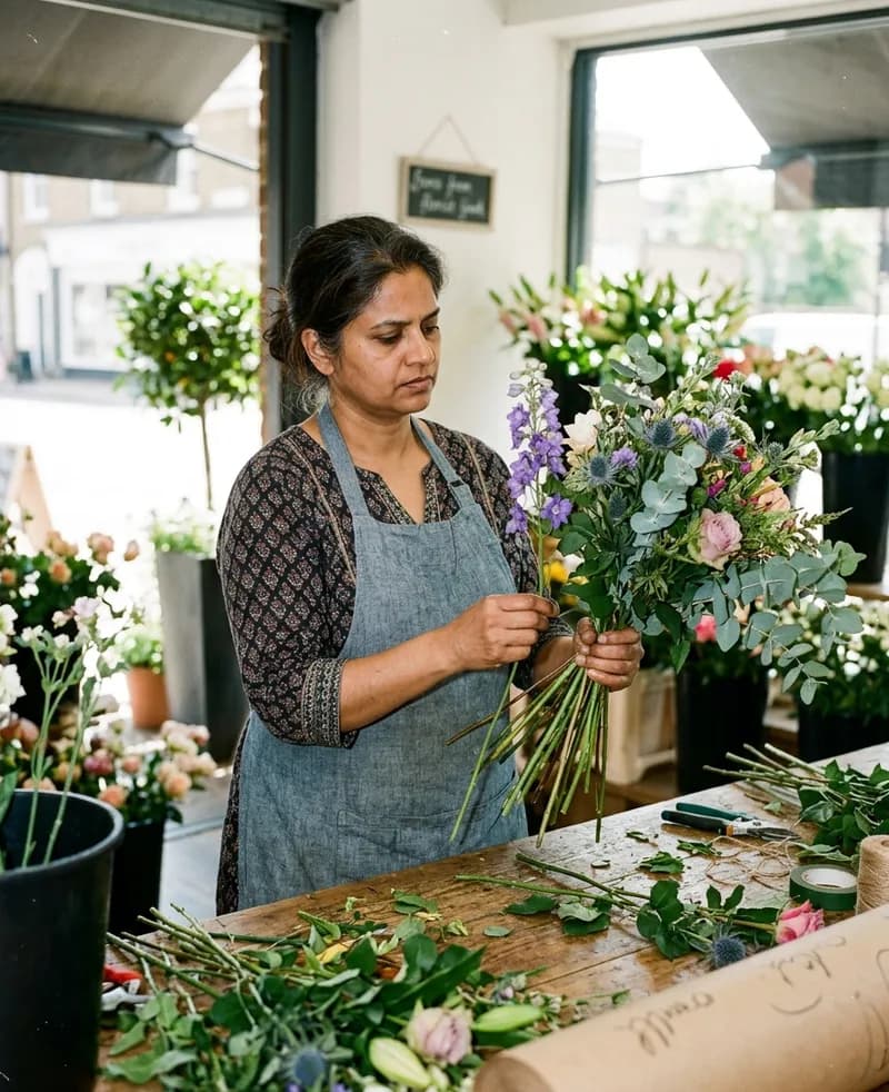 A florist building a bouquet