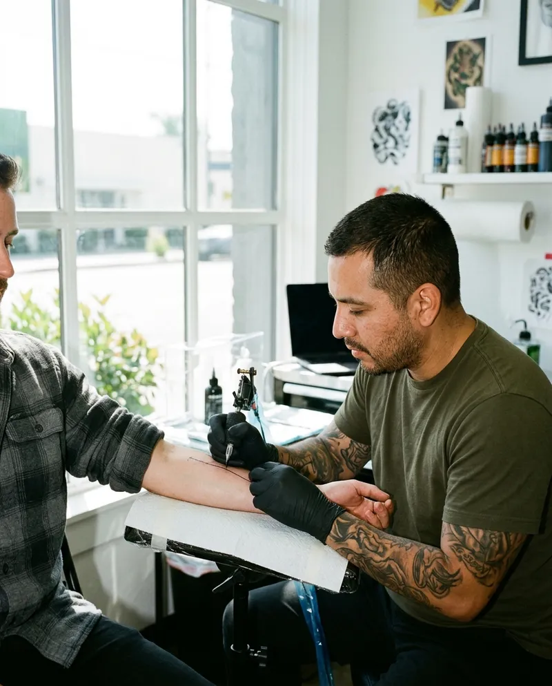 A tattoo artist mid-line