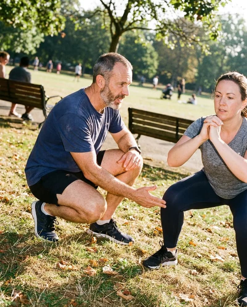 A personal trainer coaching a client through a squat in the park